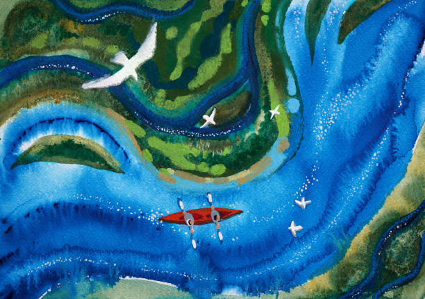 istock Kayak or boat on the river. View from above. Packrafting. Two rowers in a boat. 1454859759
