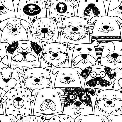 Scandinavian seamless pattern with black and white dogs. Vector illustration. Can be used for textiles, website backgrounds, and packaging.