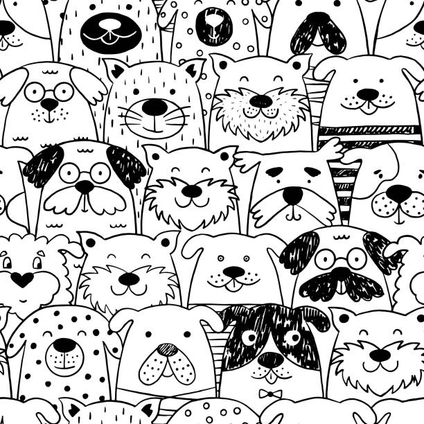 Scandinavian seamless pattern with black and white dogs. Scandinavian seamless pattern with black and white dogs. Vector illustration. Can be used for textiles, website backgrounds, and packaging. dog poodle pets cartoon stock illustrations