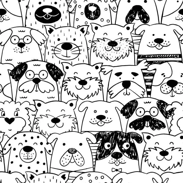 Vector illustration of Scandinavian seamless pattern with black and white dogs.