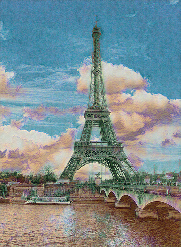 Digital watercolor painting effect of Eiffel Tower located in capital city of Paris, France with Seine River in forefront