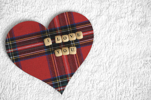 I love you letters on the red tartan patterned heart on the light background with negative space