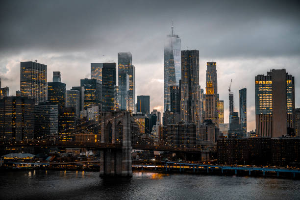 The view of the Brooklyn Bridge and Lower Manhattan stock photo