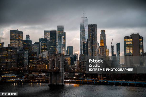 The View Of The Brooklyn Bridge And Lower Manhattan Stock Photo - Download Image Now