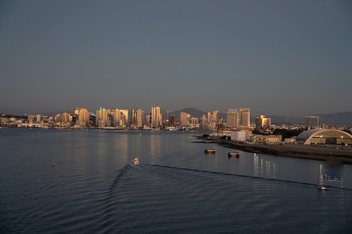 San Diego City Scape From Bay on a Calm Evening with Motor Boat and Wake