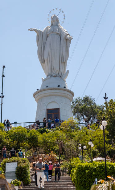 Vistors at the Statue of the Immaculate Conception on San Cristobal Hill in Santiago, Chile. It was constructed by the French foundry Val D'Osne, and is believed to be a copy of the Column of the Immaculate Conception in Rome, which was designed by Luigi Poletti and sculpted by Giuseppe Obic. The statue was inaugurated in 1908.