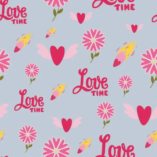 Vector illustration of Love Time seamless pattern with flying hearts, comets, flowers.