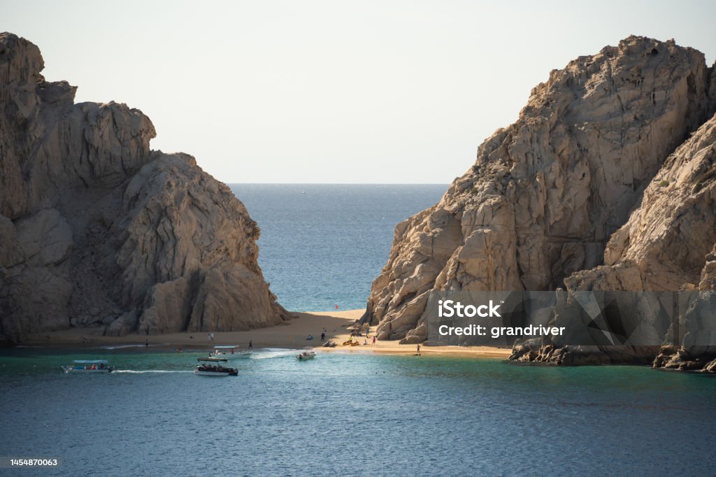 Lover's Beach and Divorce Beach at Cabo San Lucas on the Baja Peninsula on the West Coast of Mexico Between the Sea of Cortez and the Pacific Ocean on a Sunny Day with Calm Waters Los Cabos Stock Photo