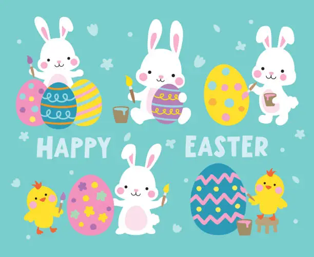 Vector illustration of White Easter Bunny Rabbit and Chicken Painting Easter Eggs Vector Illustration