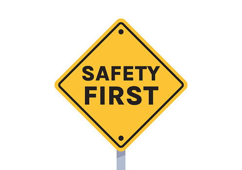 Safety first signboard and first sign, work, safety, caution work hazards, dangel surveillance flat vector illustration.