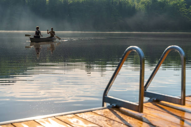 couple canoeing in early morning. - foto’s van oudere mannen stockfoto's en -beelden