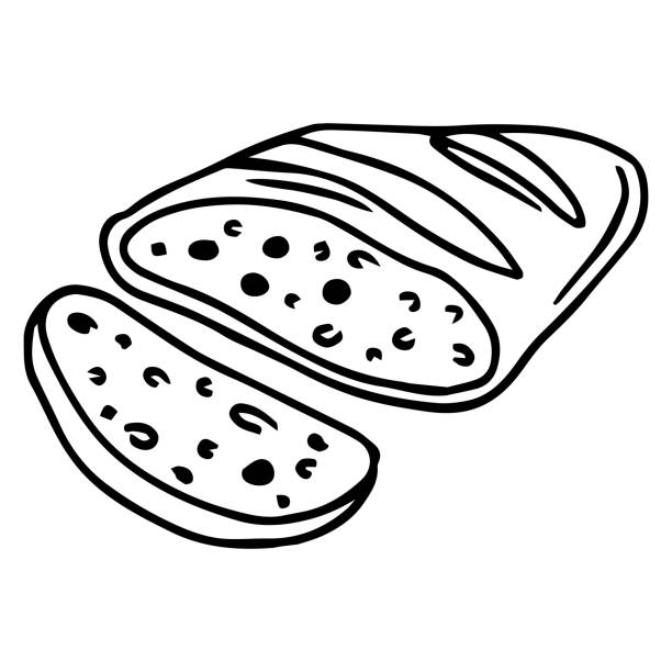 ilustrações de stock, clip art, desenhos animados e ícones de half a loaf of bread with two slices cut off.ears of wheat. sketch. black and white stock illustration. isolated. on a white background. bakery, bakery,packaging design. - sandwich sketch cartoon line art