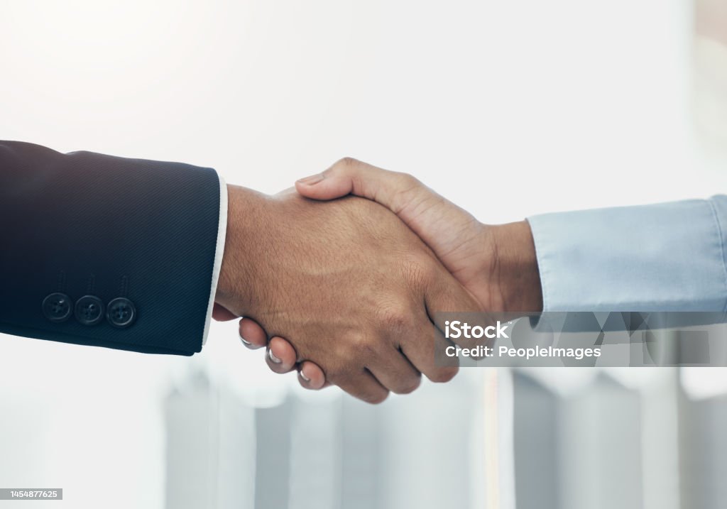 Business people shaking hands, partnership and meeting, consulting and networking agreement, hiring deal and b2b goals, welcome and company trust. Corporate handshake, thank you and teamwork support Handshake Stock Photo