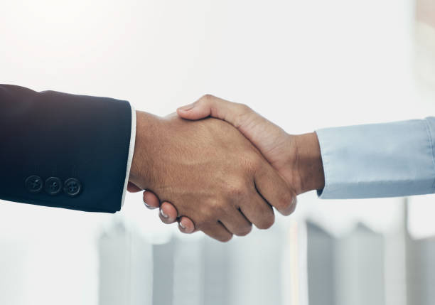 Business people shaking hands, partnership and meeting, consulting and networking agreement, hiring deal and b2b goals, welcome and company trust. Corporate handshake, thank you and teamwork support stock photo