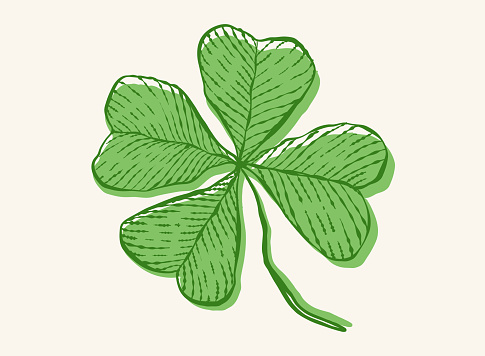 Vector vintage icon of clover for Patrick's day. Vintage green lucky clover with four leaf in hand drawing style.
