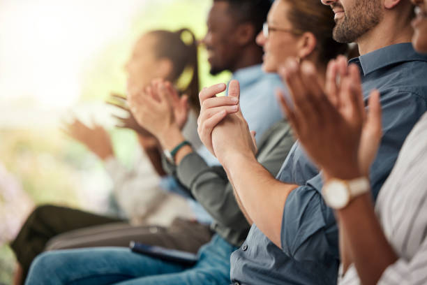 Business people applause in conference audience, crowd and tradeshow workshop for, training, motivation and presentation. Employee team clapping hands for success, seminar event and support meeting