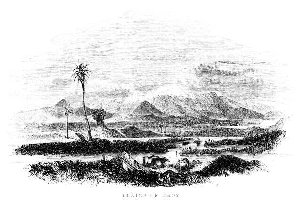 The plains of Turkey in ancient Asia Minor show a house water buffalo with mountains in the background. The city of Troy was destroyed in about 1250 B.C.E. and ruins discovered by archeologists in  1870. Woodcut published 1846. Original edition is from my own archives. Copyright has expired and is in Public Domain.