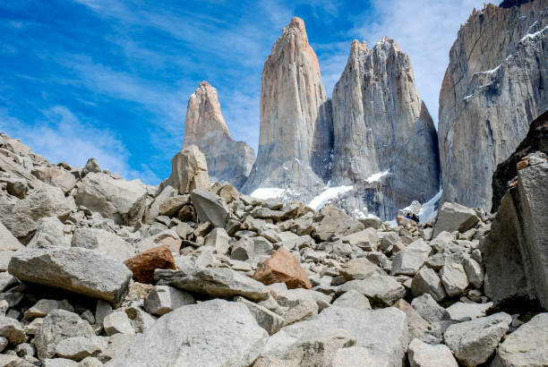 Torres del Paine View of the spectacular three "teeth" of the Torres del Paine in the Torres del Paine park cuernos del paine stock pictures, royalty-free photos & images