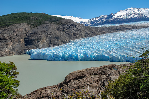 The glacial tongue of the Grey glacier, in the Chilean Patagonia, flows into the Grey lake splitting into deep crevasses and saracks