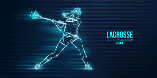 istock Abstract silhouette of a lacrosse player on blue background. Lacrosse player woman are throws the ball. Vector illustration 1454891926