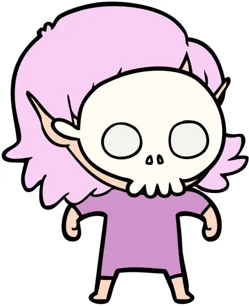 Vector illustration of happy cartoon elf girl wearing skull mask