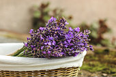 Lavender bouquet in a wicker basket with white cotton liner on blurry background