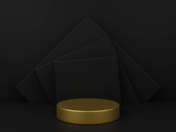 istock 3D minimalist podium with black background for product display. Soft color background with empty podium and geometric shapes. 1454900339