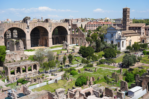 Panorama of the Roman Forum archaeological site in Rome, Italy