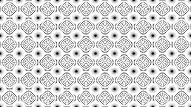 Pulsing suns turning into shining stars dynamic loop pattern on white background. Flowers tile filled pattern background loop. Creative hypnotic design backdrop.