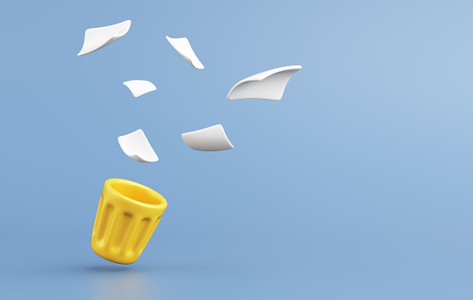 Yellow trash cans and white scraps of paper flew away. About of data deletion, spam mail, recycled paper, data transfer or reject on light blue background. rubbish bin clipping path. 3D Illustration.