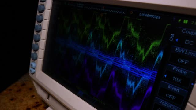 4K Stcok Video of Oscilloscope Wavelengths showing vibrant colors using dynamic movements