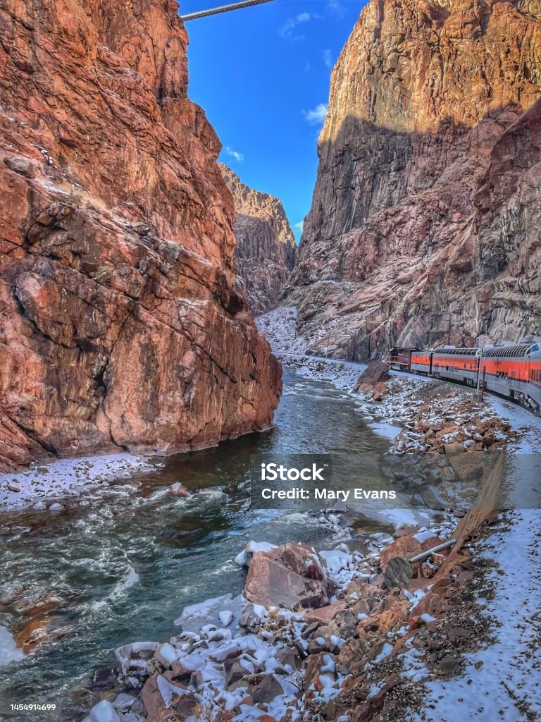 Colorado Royal Gorge Snowy icy day, riding the Royal Gorge train Beauty Stock Photo