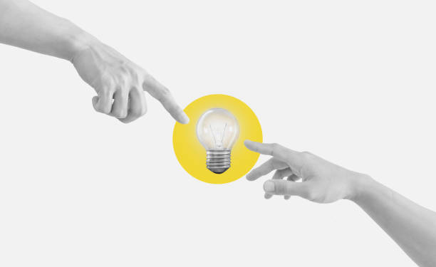 istock Digital collage, Hand reaching to glowing light bulb. Ideas, power, and energy concept 1454915377