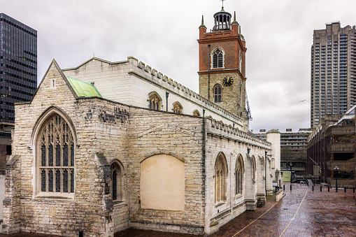 The historic church of St Giles, Cripplegate in the Barbican, City of London.