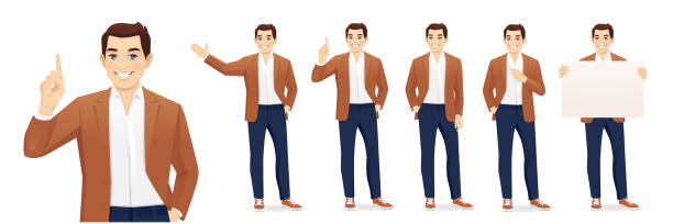 Business casual man set Young business man in casual clothes different gestures set isolated vector illustration one man only stock illustrations