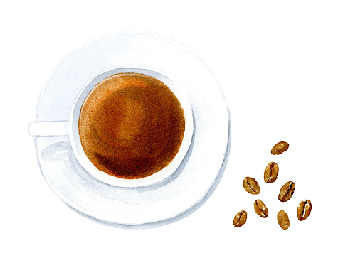 Top view coffee and coffee beans watercolor illustration