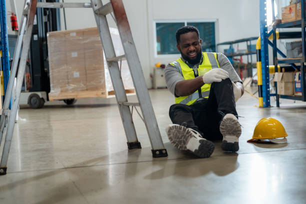 un trabajador africano tuvo un accidente mientras trabajaba en un almacén. - fell down fotografías e imágenes de stock