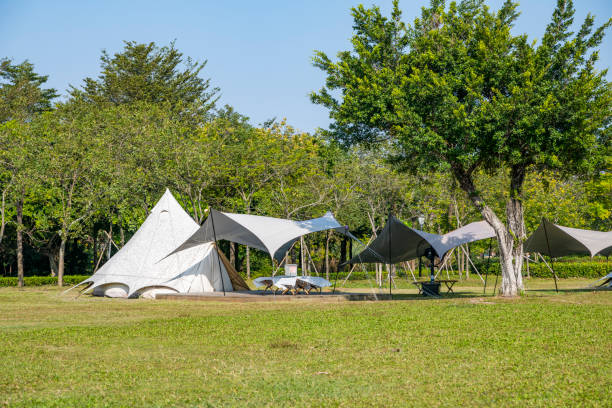 istock Camping tents on the park grass under a clear sky 1454925163