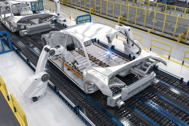istock Robot assembly line with electric car battery cells module on platform 1454927064