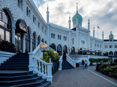 Copenhagen, Denmark - Oct 21, 2018: Nimb Hotel with its unique Moorish architectural design in the Tivoli Gardens Amusement Park. There are 17 luxuriously decorated rooms with five-star facilities.