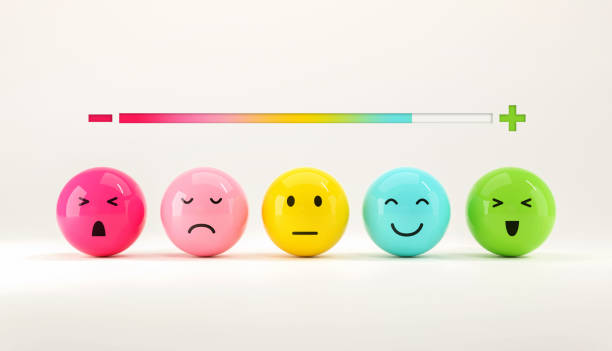 il cliente sceglie emoticon emoji umore felice su misuratore di soddisfazione delle emozioni, valutazione, aumento del rating, soddisfazione e miglior concetto di valutazione dei servizi eccellenti. - emotion foto e immagini stock