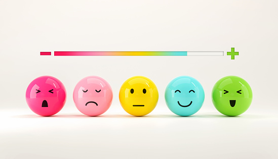 Customer choose emoji emoticons happy mood on emotions satisfaction meter, evaluation, Increase rating, Satisfaction and best excellent services rating concept.
