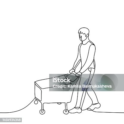 istock man in full growth with a grocery cart goes. one line drawing shopper walks and rolls cart 1454934348