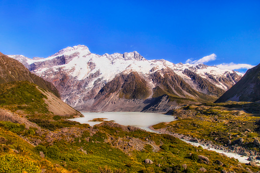 Scenic mountain landscape of Hooker valley and Mueller lake to Mt Cook - New Zealand.