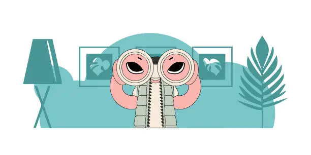 Vector illustration of HR theme. A young woman holds binoculars in her hands.