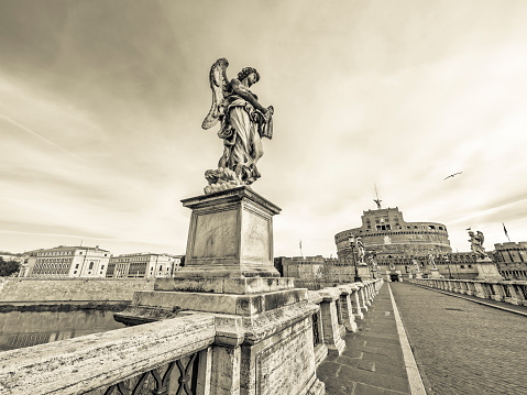 The historic city of Rome in Italy on April  12, 2022:  View of the Castel Sant'angelo from the Ponte Sant'Angelo Bridge, Rome Italy