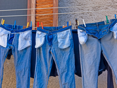 The Abruzzo region in Italy on May  30, 2022:  Hanging laundry along the alleyways in the Town of Scanno in the Abruzzo countryside of Italy