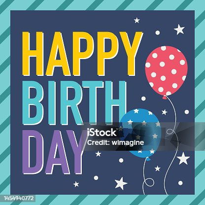 istock Birthday card with balloons and colorful happy birhday text 1454940772