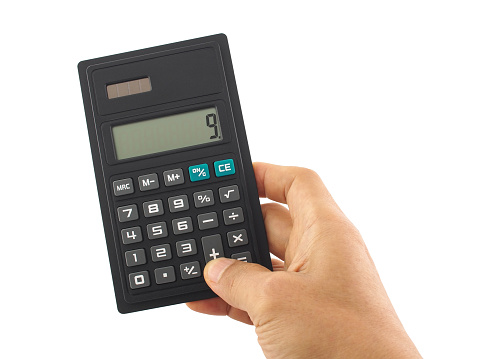 accountant uses finger press plus button on calculator with number 9 showing on digital screen
