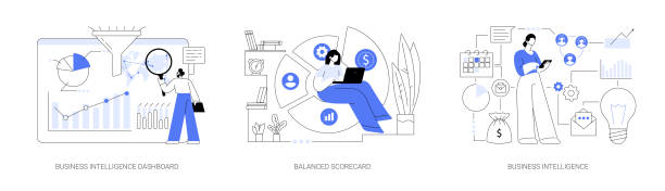 Performance data visualization abstract concept vector illustrations. Performance data visualization abstract concept vector illustration set. Business intelligence dashboard, balanced scorecard, business intelligence, KPI metrics, strategic goals abstract metaphor. progress dashboard stock illustrations